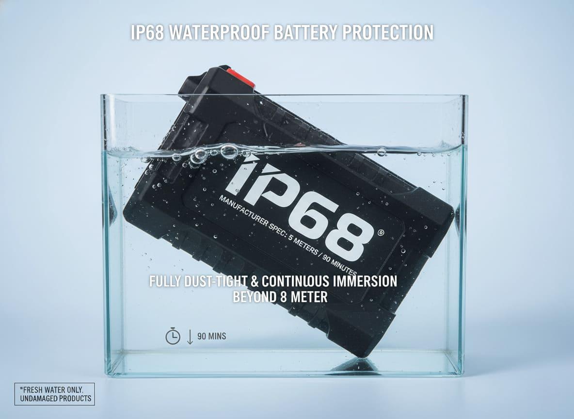 A battery pack with an IP68 waterproof rating being shown