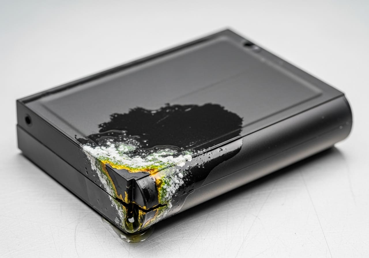 A lithium battery with warning signs of damage