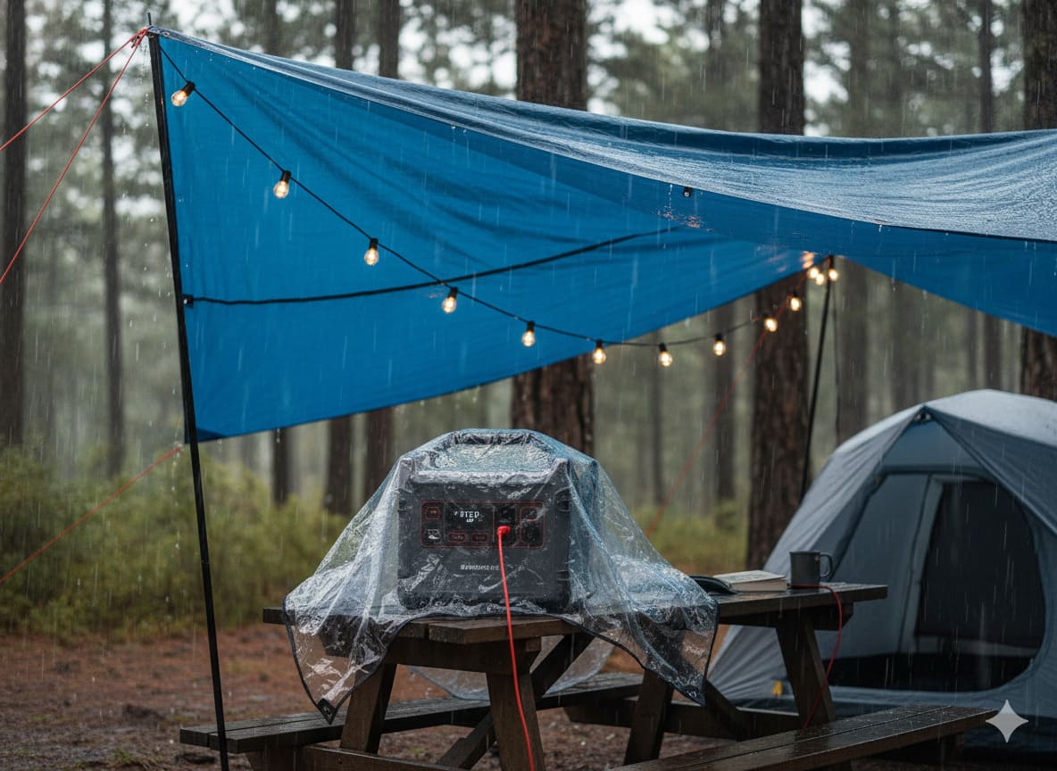 A portable power station being used safely under a tarp during a rainy day at a campsite