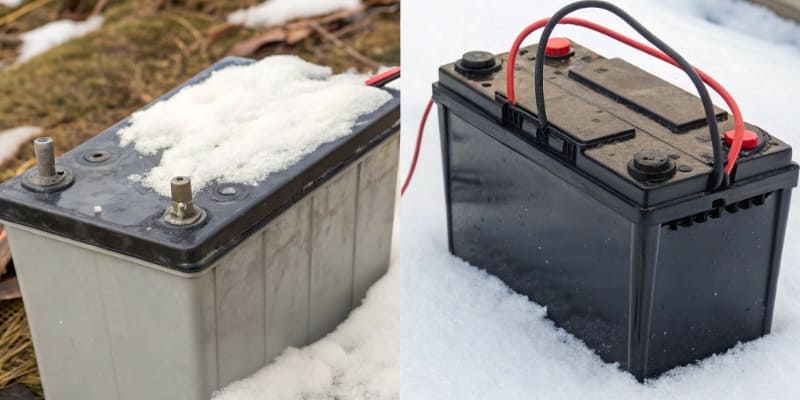 Nominal vs Actual Battery Capacity A split image showing a battery with a "5000mAh Nominal" label on one side and the same battery powering a device in a cold environment with "3500mAh Actual" on the other