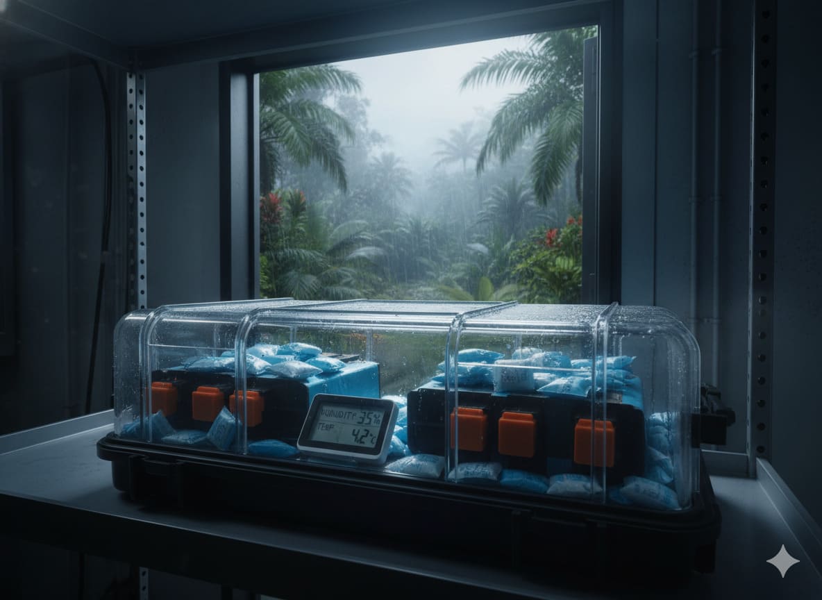alt: Lithium battery stored in a protective case with silica gel packets in a tropical setting.