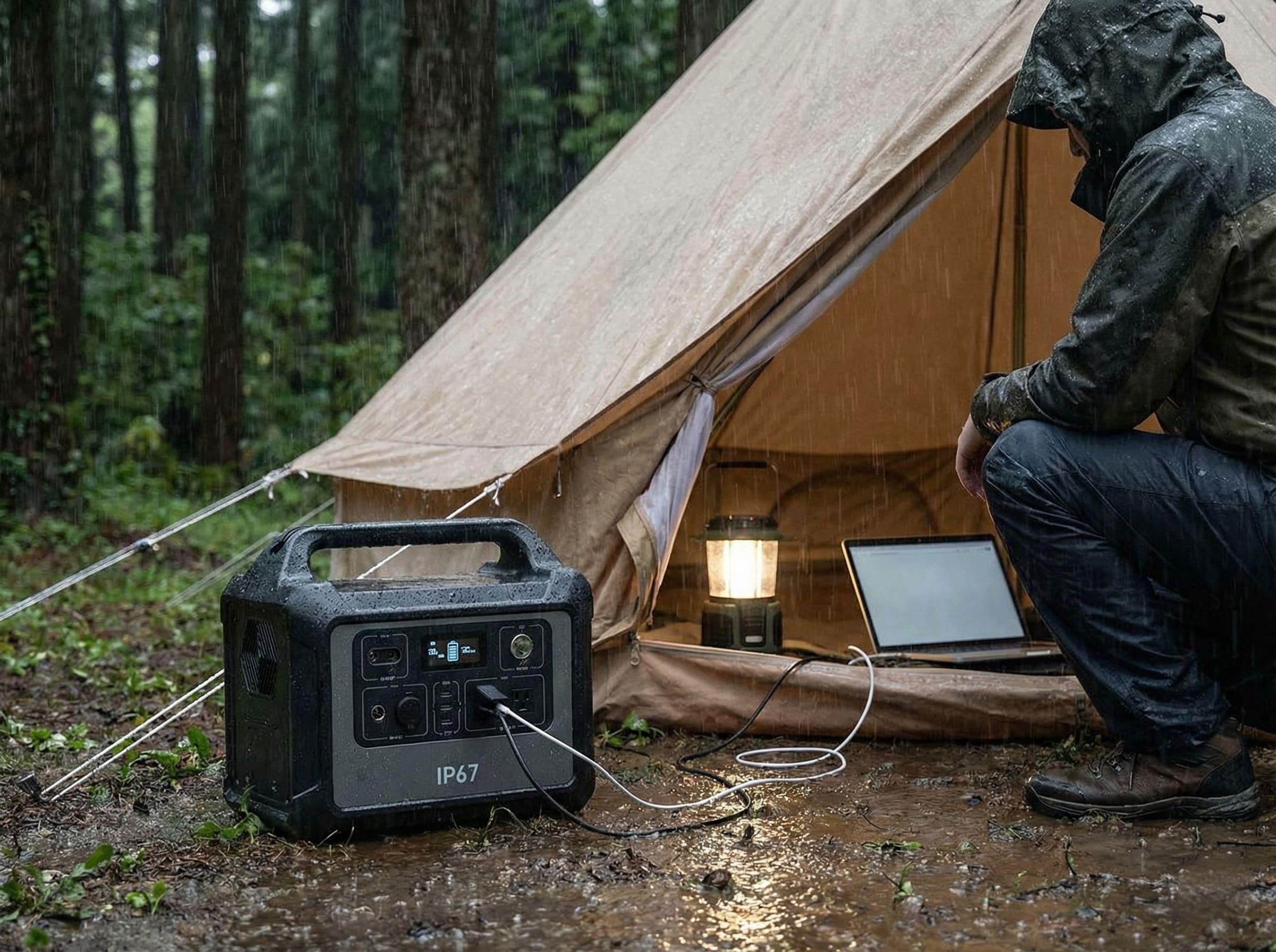 Outdoor portable energy storage powering laptop in rainy camping environment.
