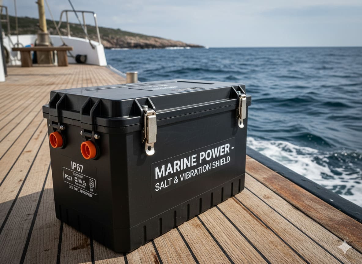 A rugged waterproof marine lithium battery on a boat deck