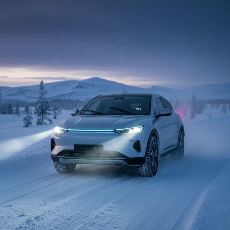 Electric vehicle driving in extreme -45°C snow