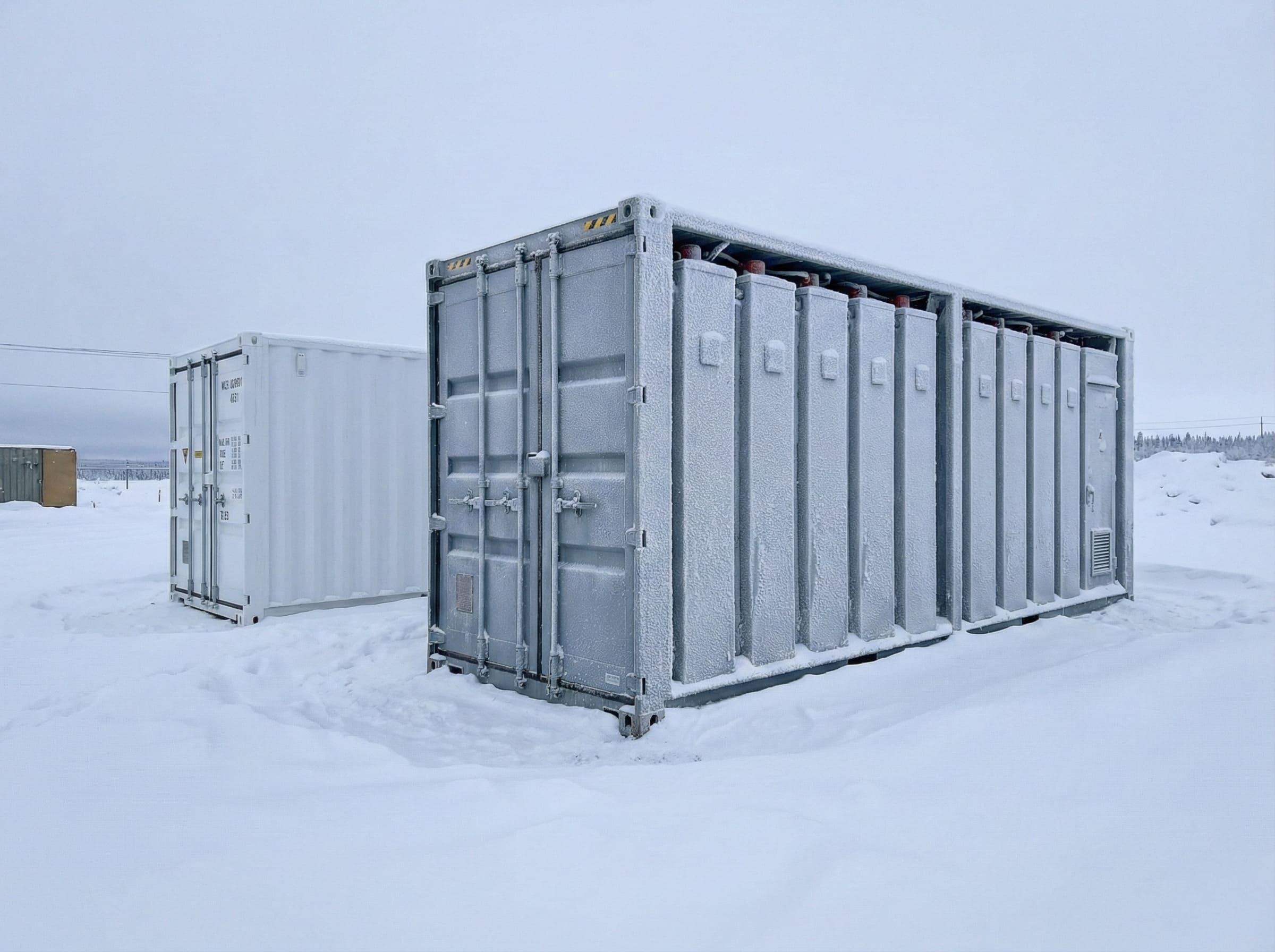 An image of a sodium-ion battery system in a snowy, industrial setting