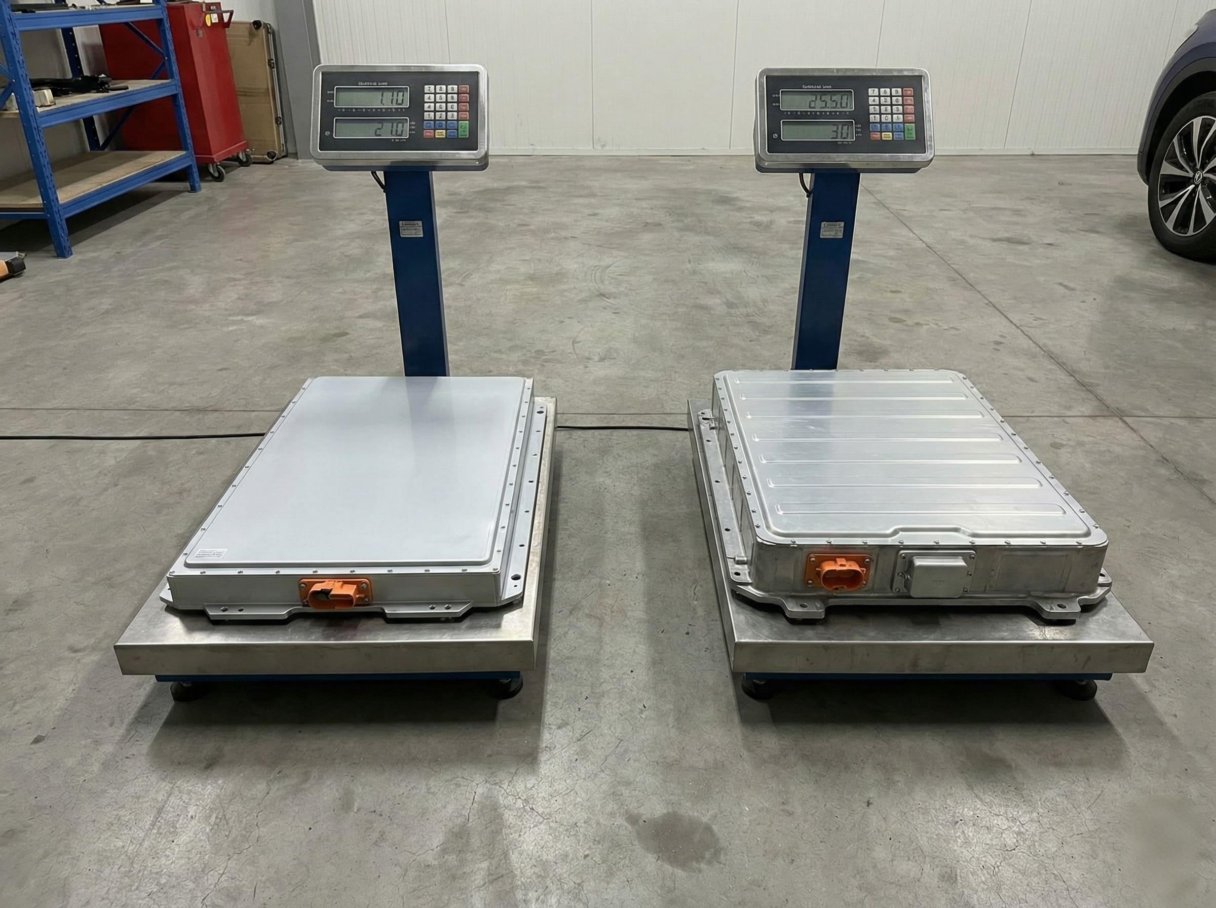 A futuristic image showing a split view of a Tesla and a BYD car, highlighting their battery packs with glowing lines