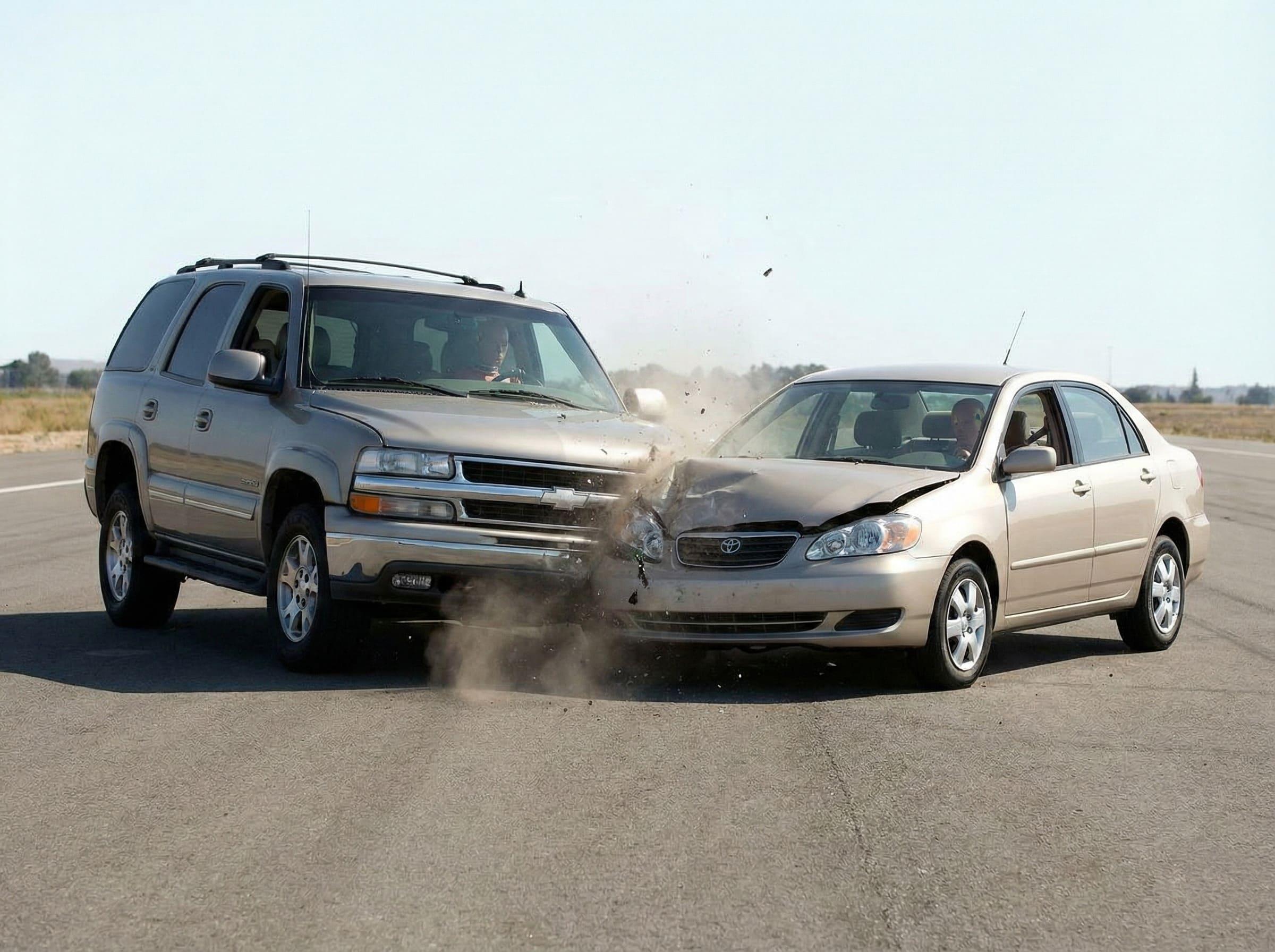 A crashed electric vehicle next to a conventional car