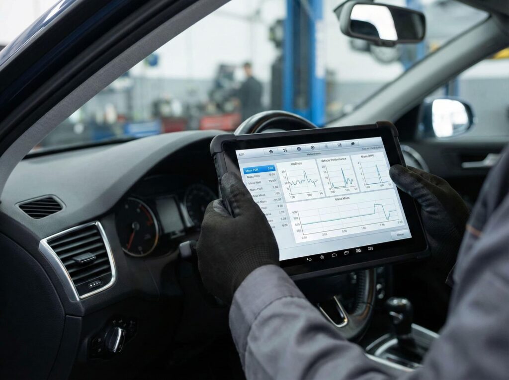 Technician checking EV battery data on tablet