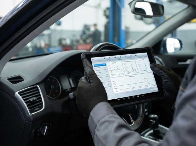 Technician checking EV battery data on tablet