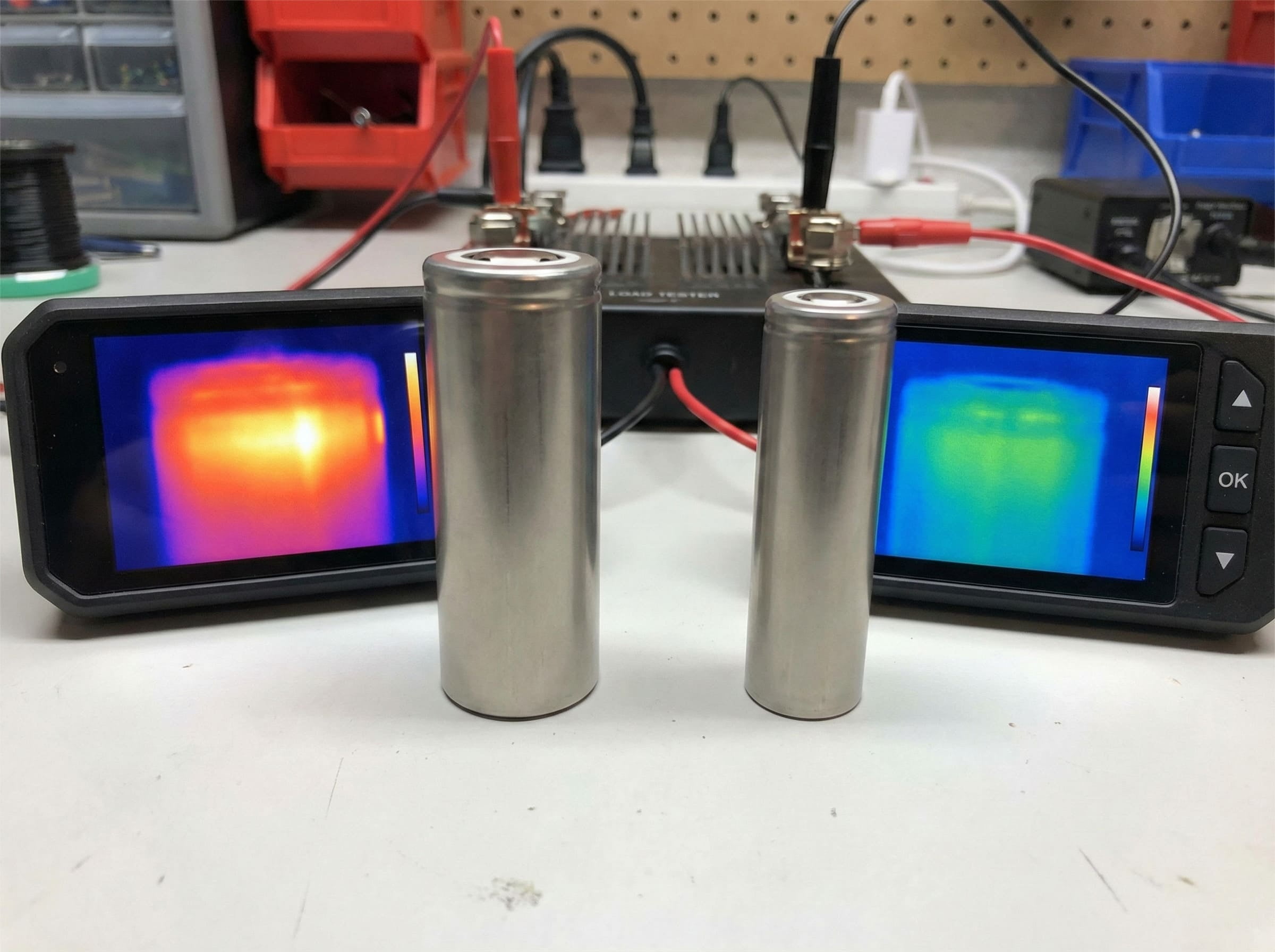 A side-by-side comparison of a 18650 and a 26650 battery