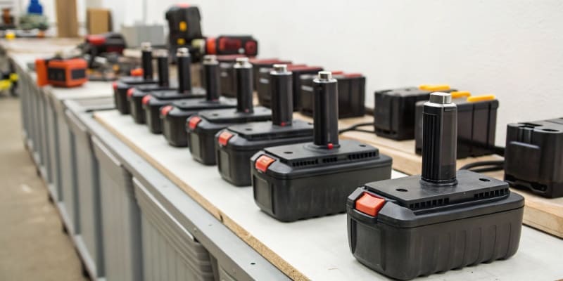 High-capacity power tool batteries lined up