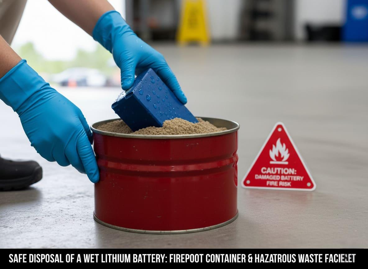 A lithium battery being placed in a fireproof container with sand
