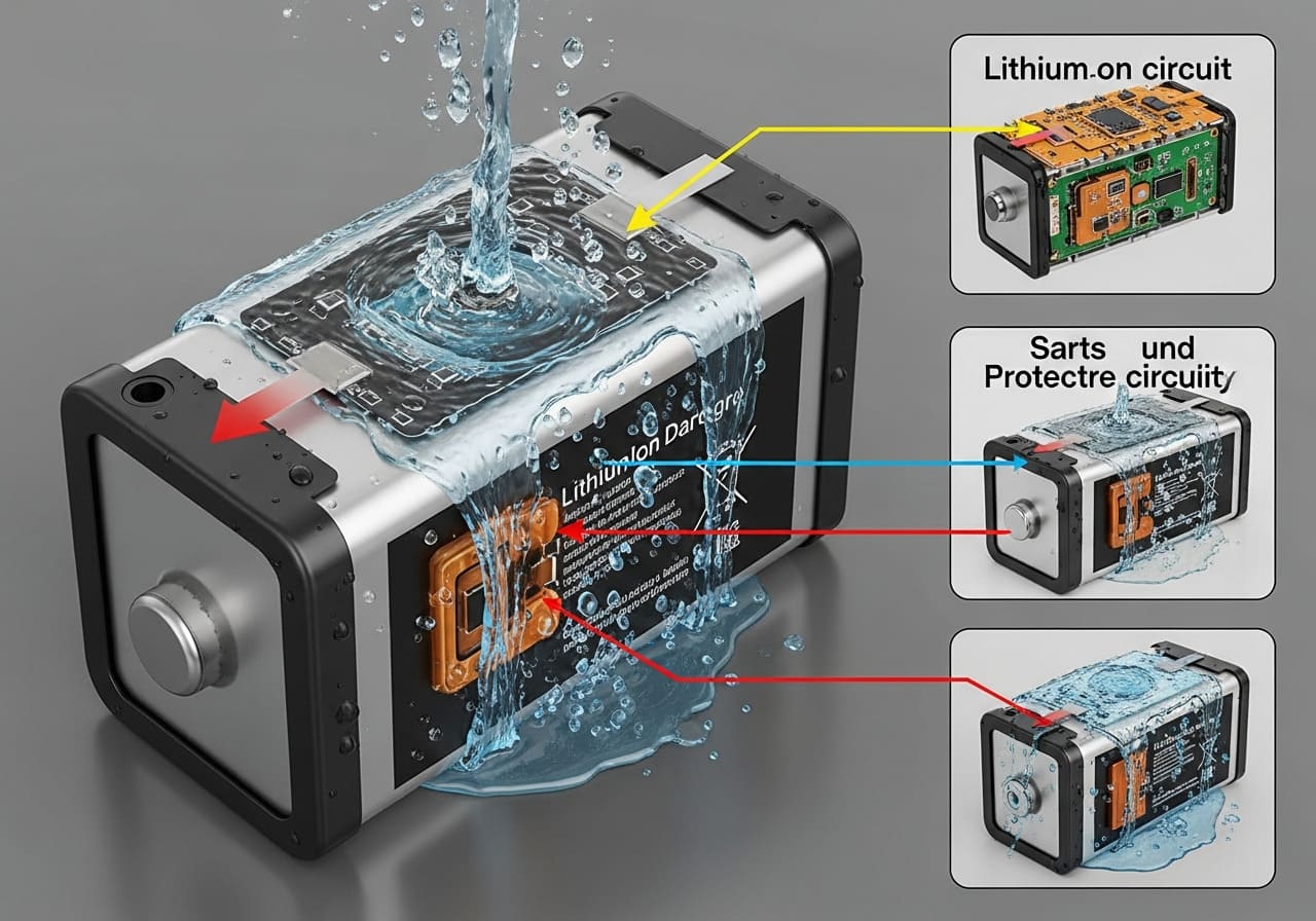 Internal components of a lithium-ion battery exposed to water