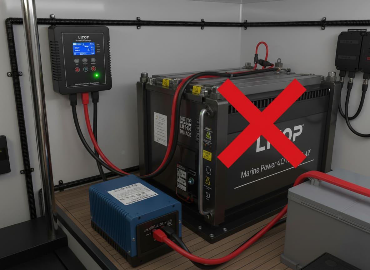 A marine battery charger connected to a lithium battery system