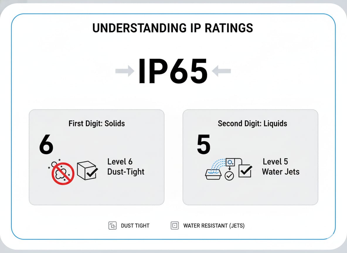 An infographic explaining the digits of an IP rating chart