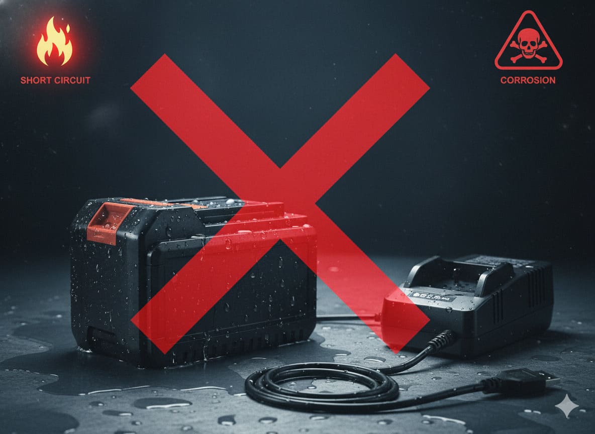 alt: A wet lithium battery with a large red X over it next to a charger.