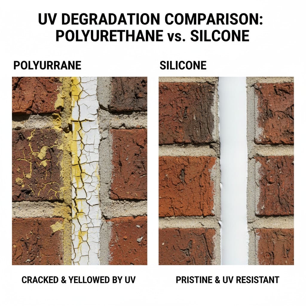 A sealant sample cracked and yellowed by UV light next to a pristine one