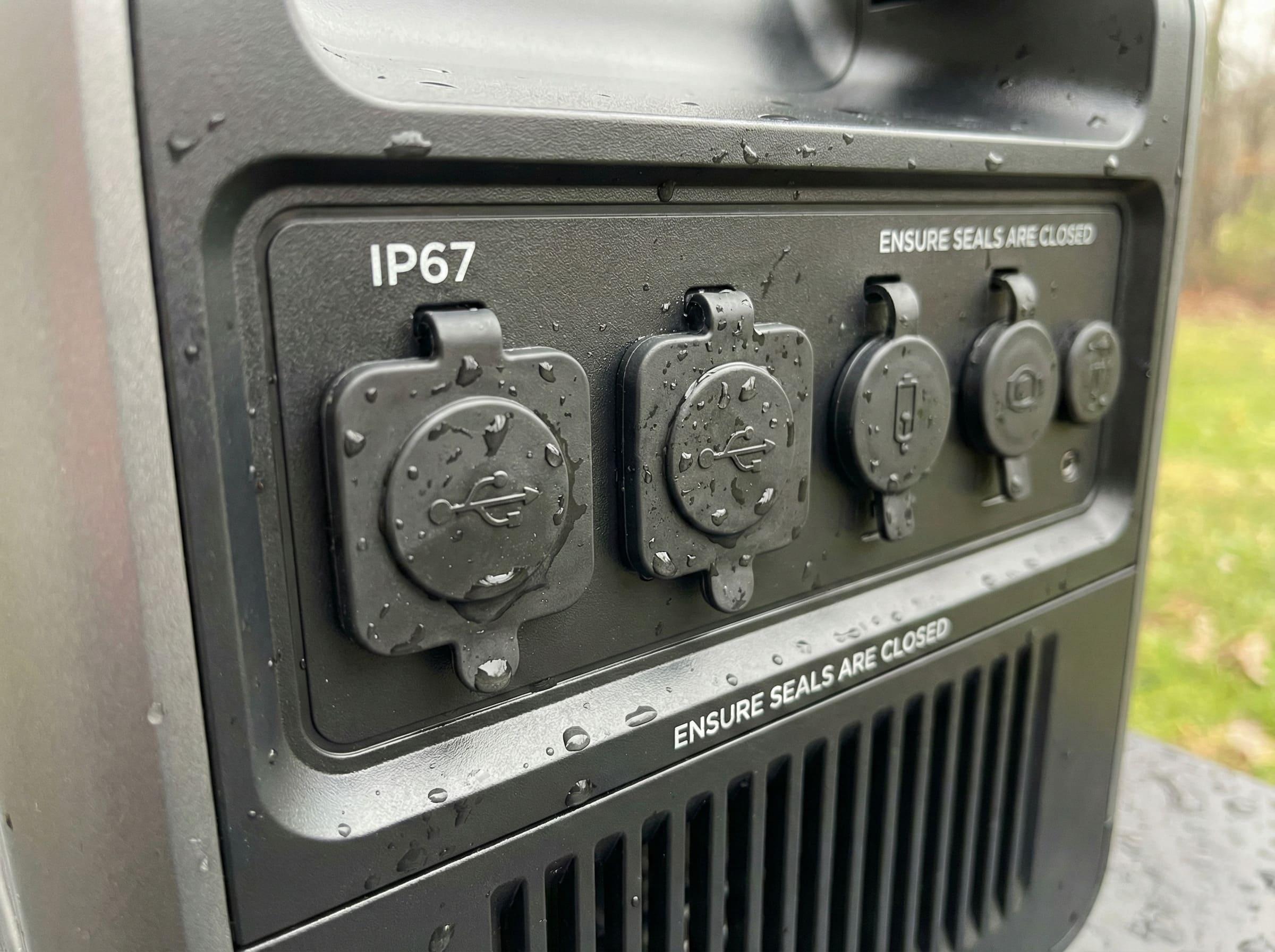 Close-up of sealed waterproof ports on a power station