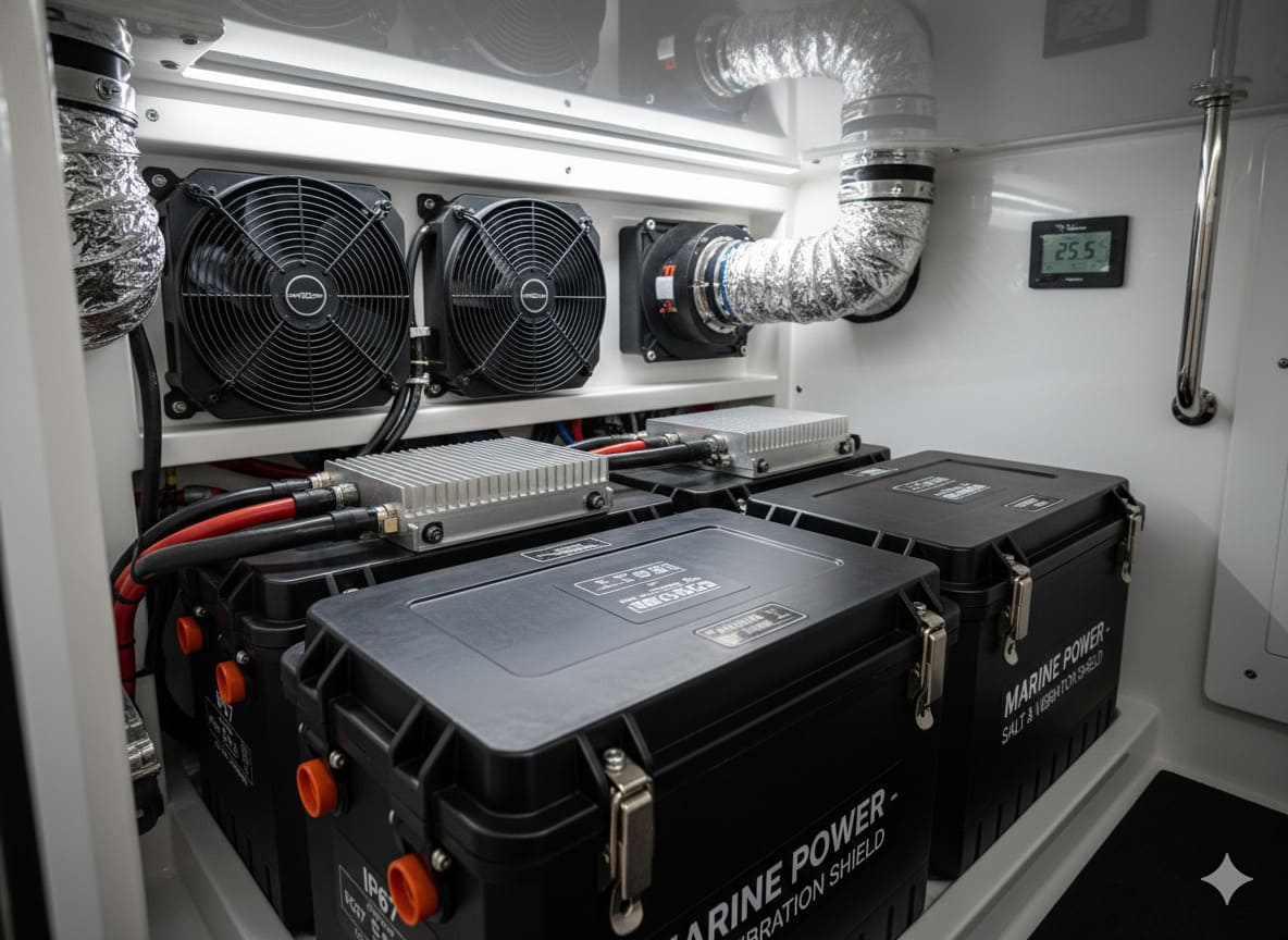 A marine battery compartment with ventilation system