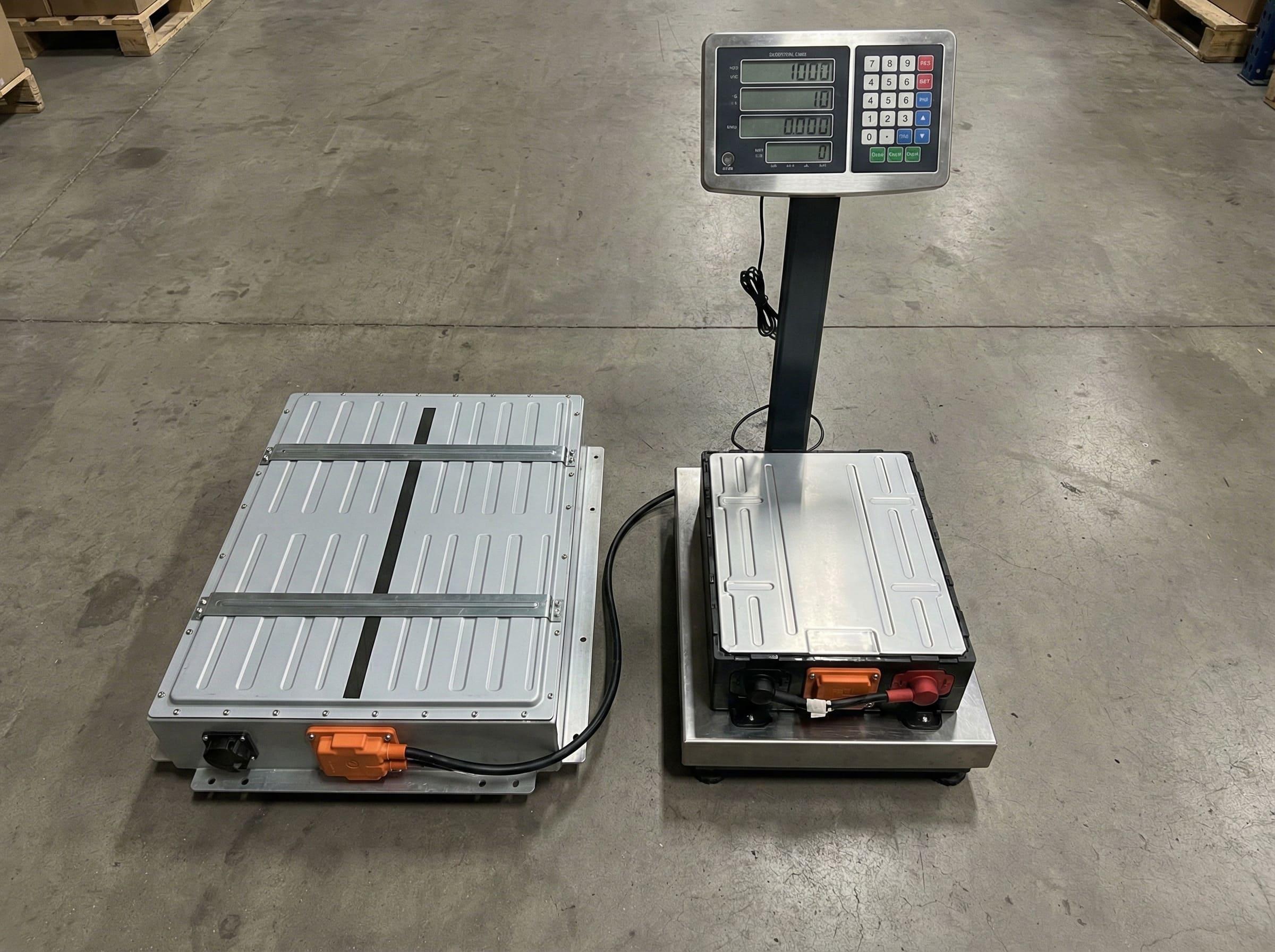 An illustration comparing the size and weight of an LFP and NMC battery pack