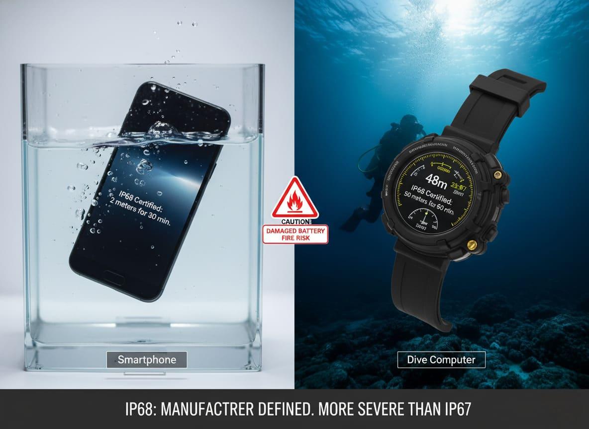 An illustration showing the difference between immersion (IPx7) and water jets (IPx5)