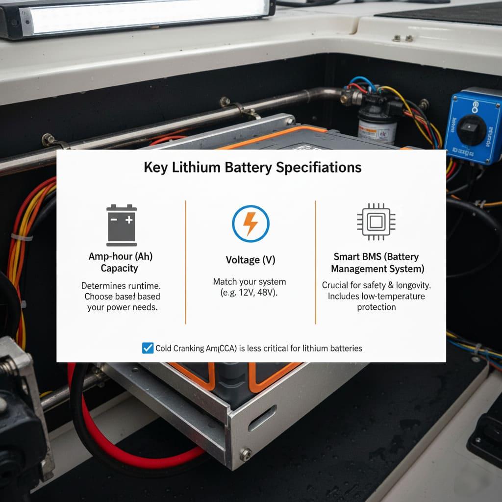 Infographic showing key battery specifications like Ah, Voltage, and BMS