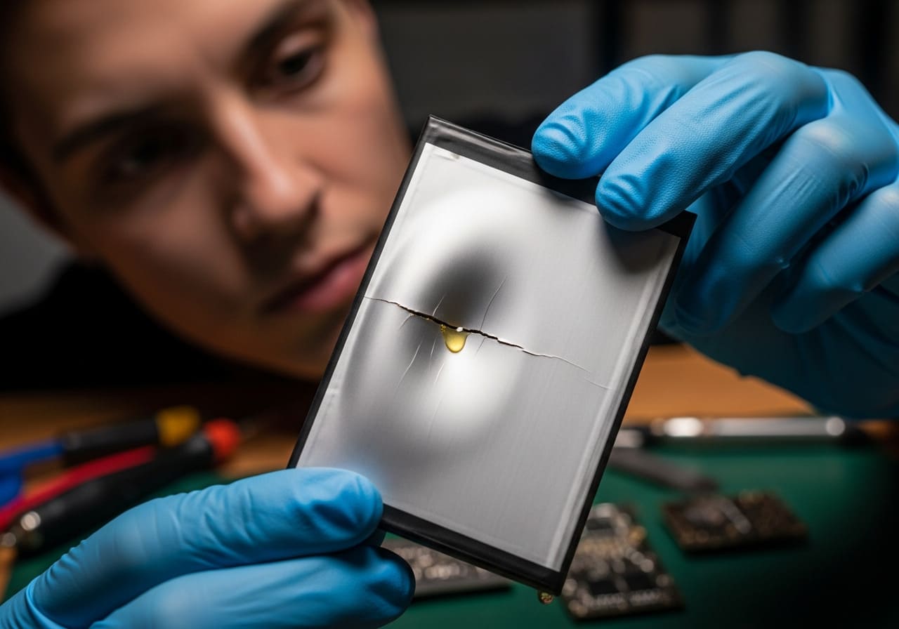 Gloved hands hold damaged lithium cell