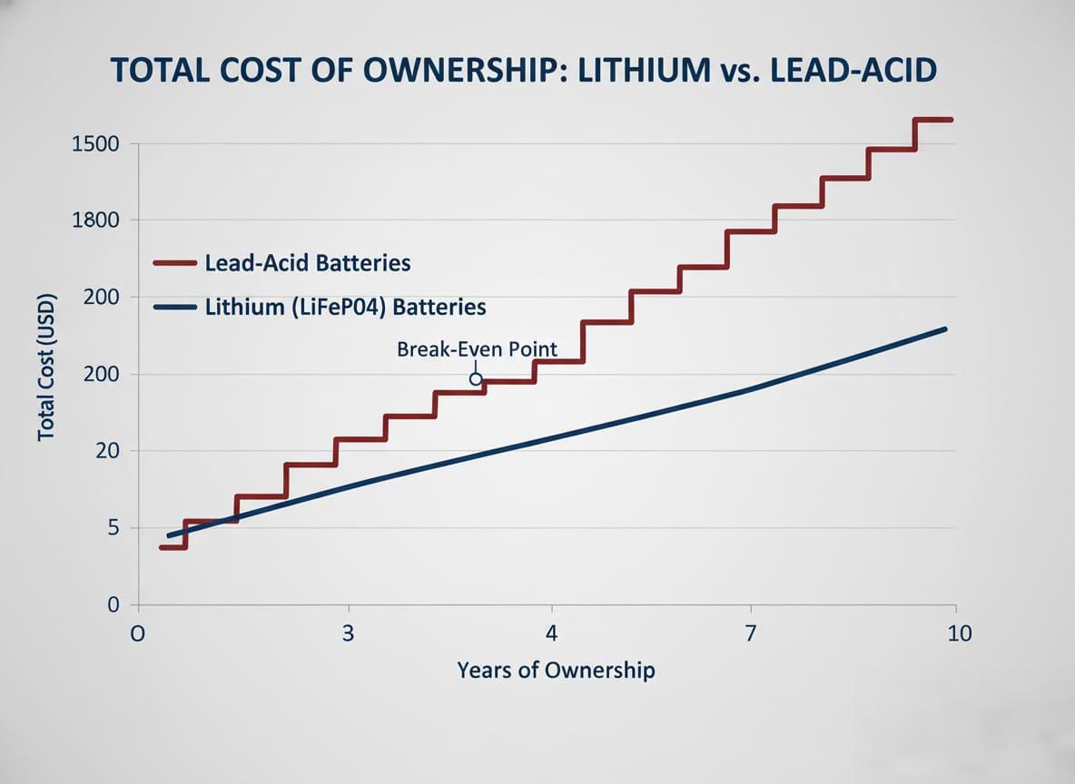 A graph showing the declining total cost of ownership of lithium vs. lead-acid batteries over time