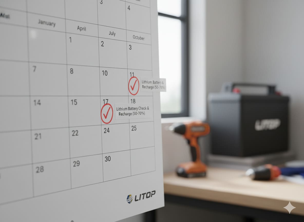 A calendar marked with quarterly battery checks