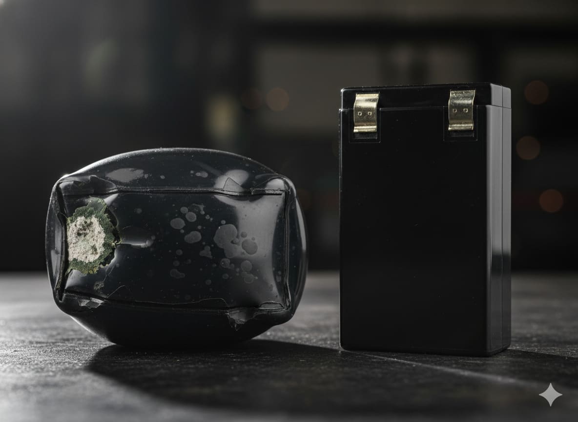 alt: A swollen and bulging lithium-ion battery next to a normal one for comparison.