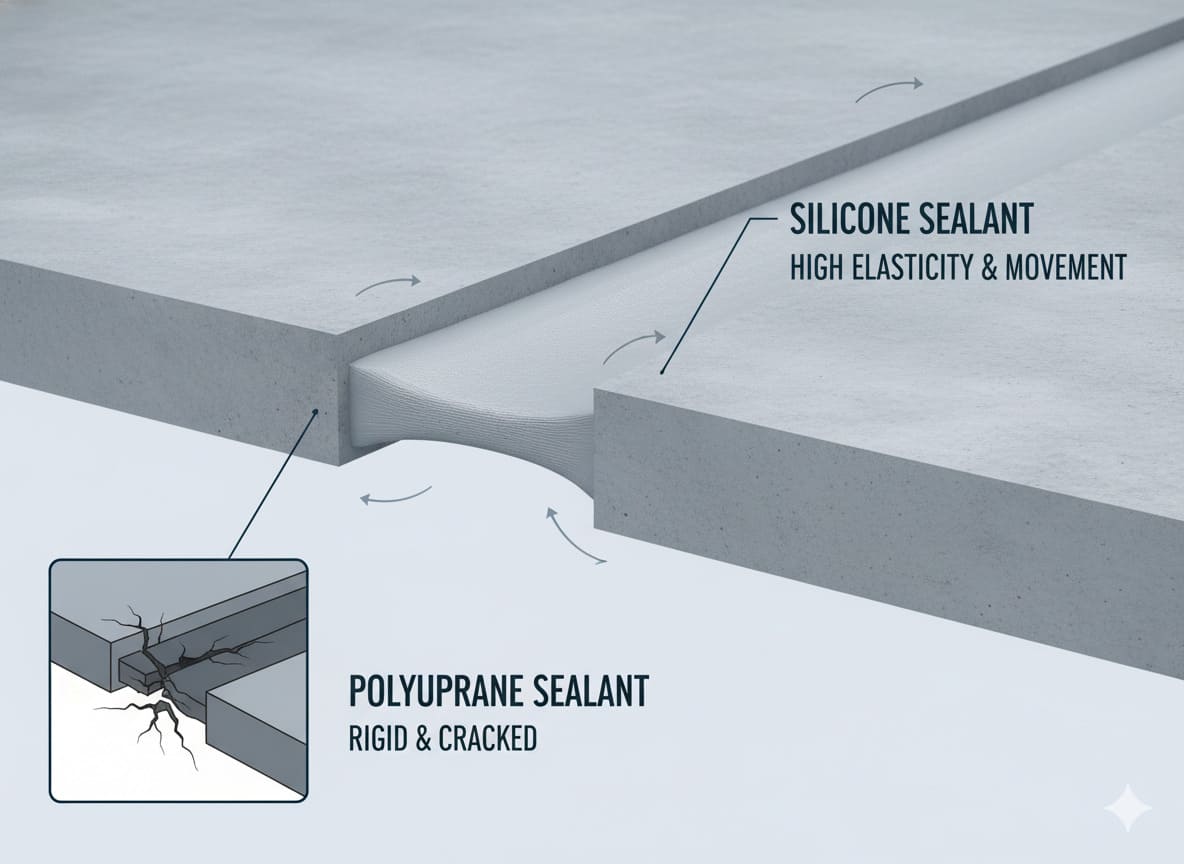 An illustration showing an expansion joint sealed with a flexible material