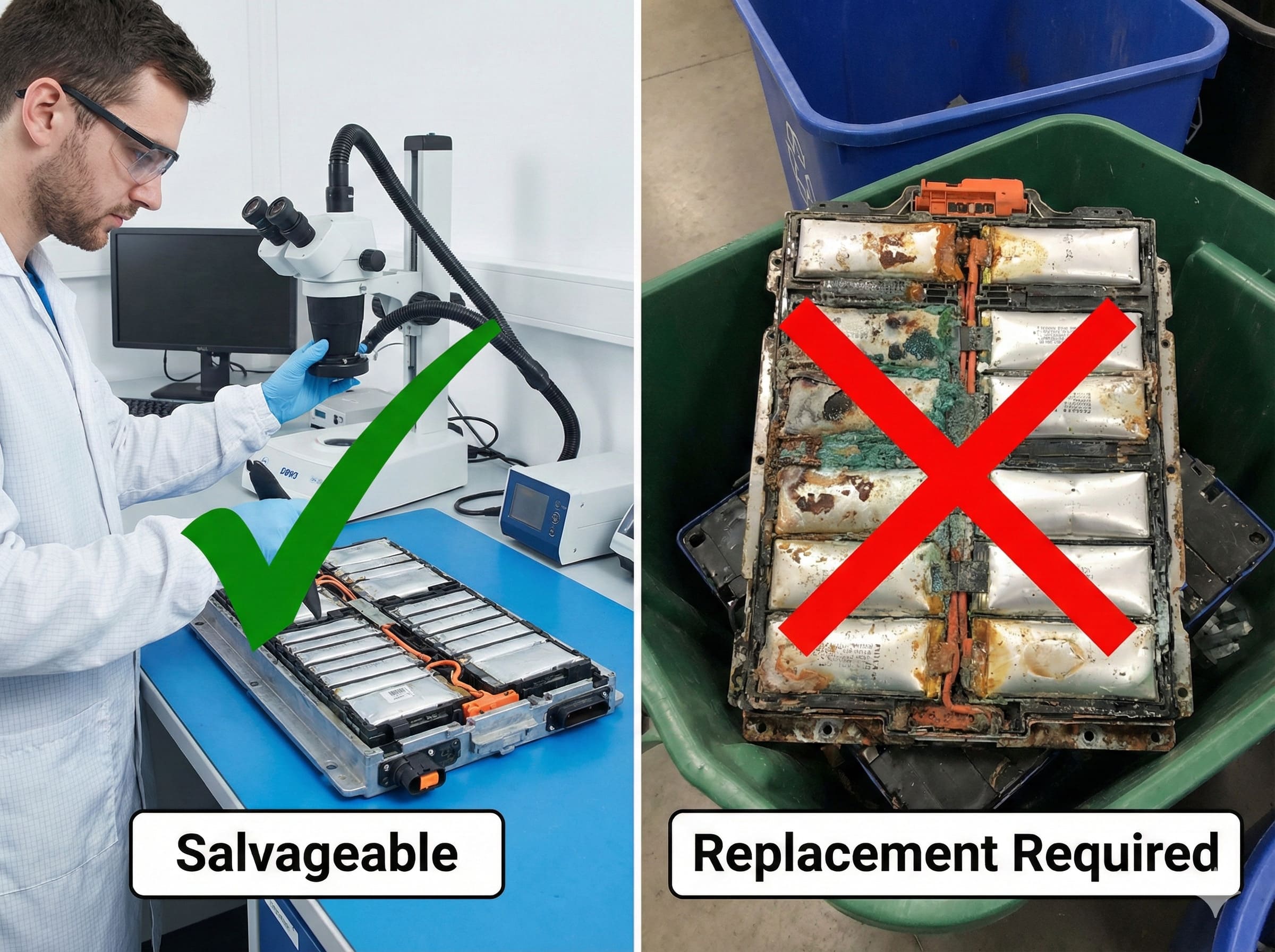 A technician inspecting a battery pack with specialized tools