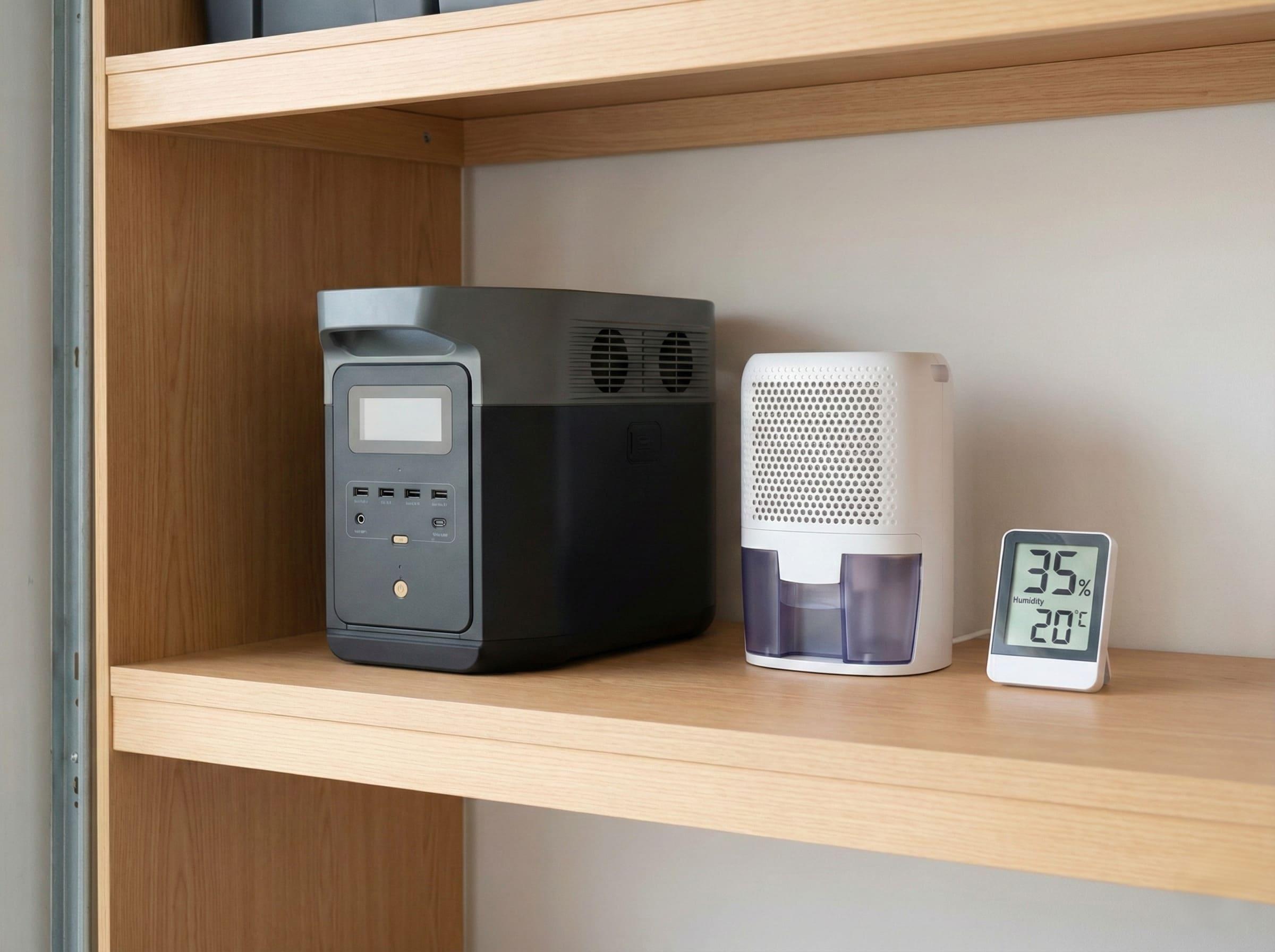 A power station stored properly on a shelf in a dry garage