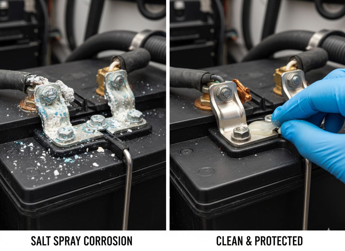 Battery terminal before and after salt spray corrosion, protection comparison