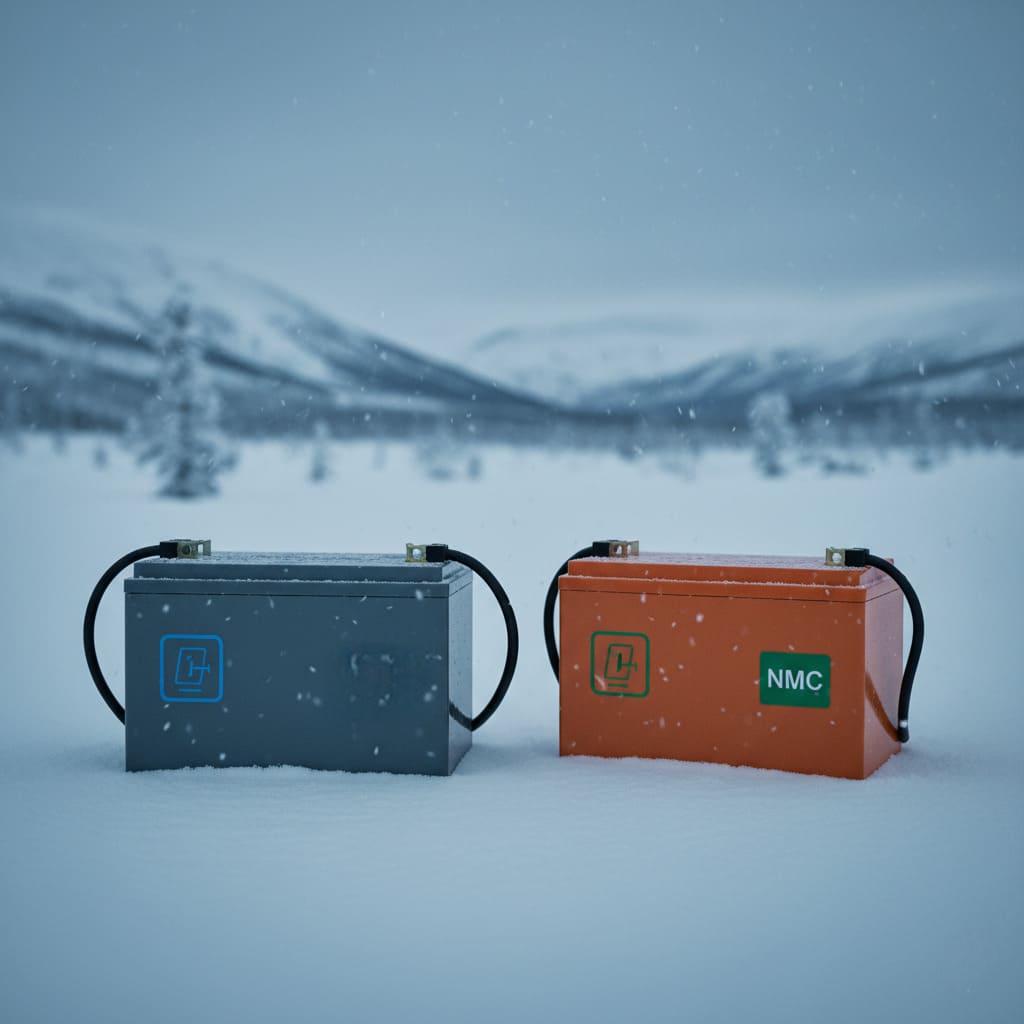 Two identical electric cars, one with LFP and a low battery icon, the other with NMC and a higher battery icon, in a snowy city