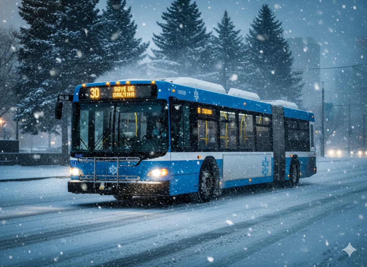 Electric bus operating in heavy snow, battery winter reliability