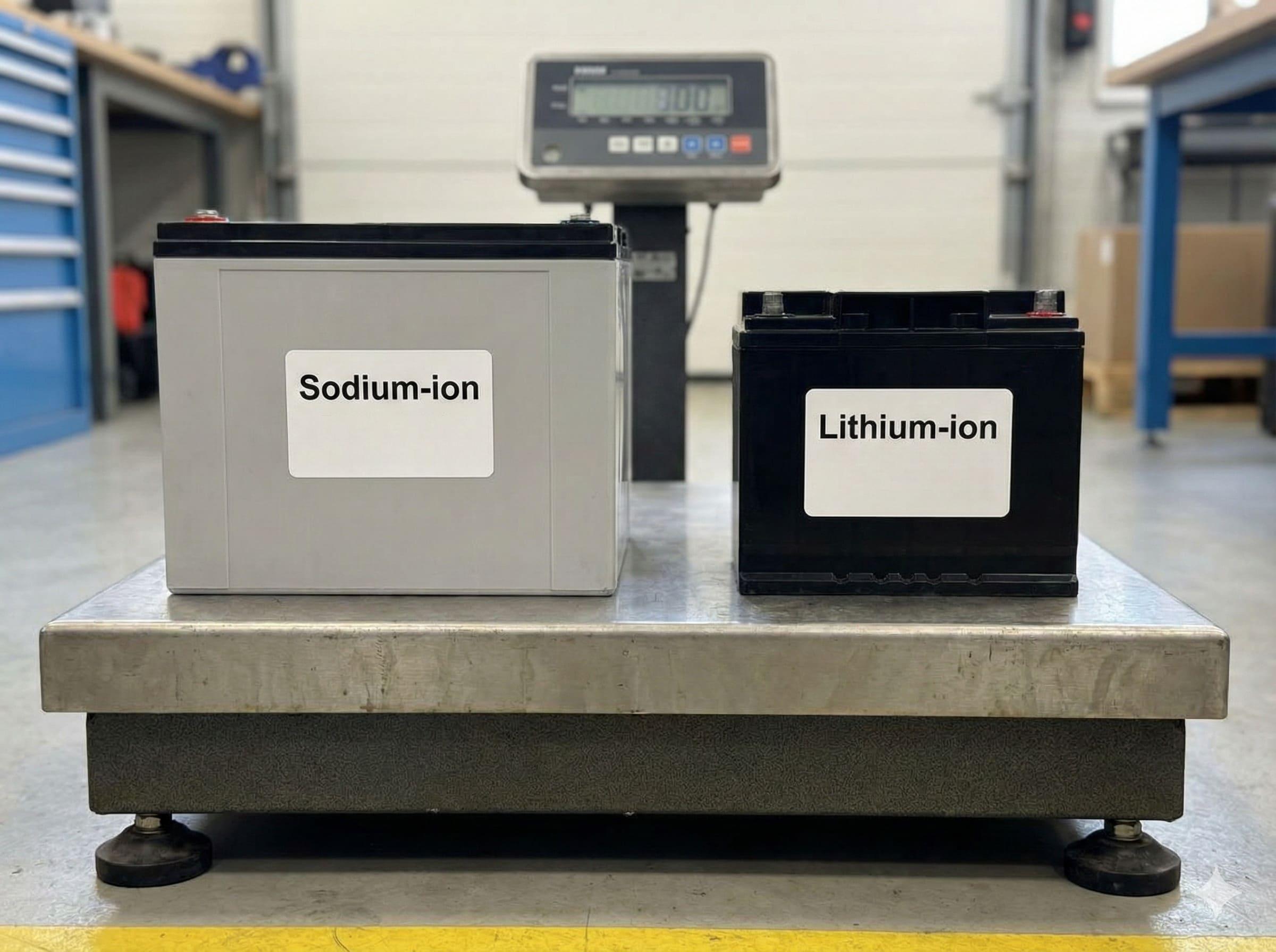 A side-by-side visual comparison of a 10kWh sodium-ion battery pack and a 10kWh lithium battery pack