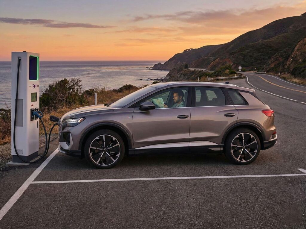 Electric vehicle charging roadside at sunset