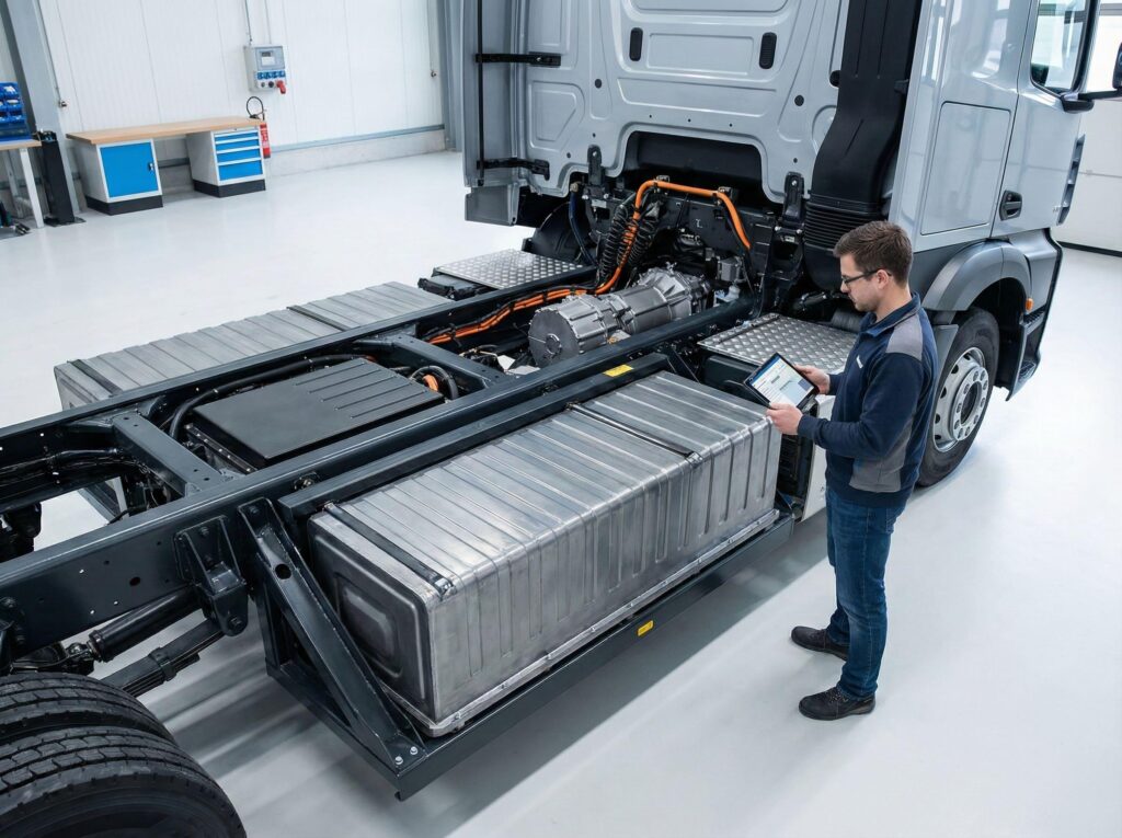 Technician inspecting battery packs in electric truck chassis