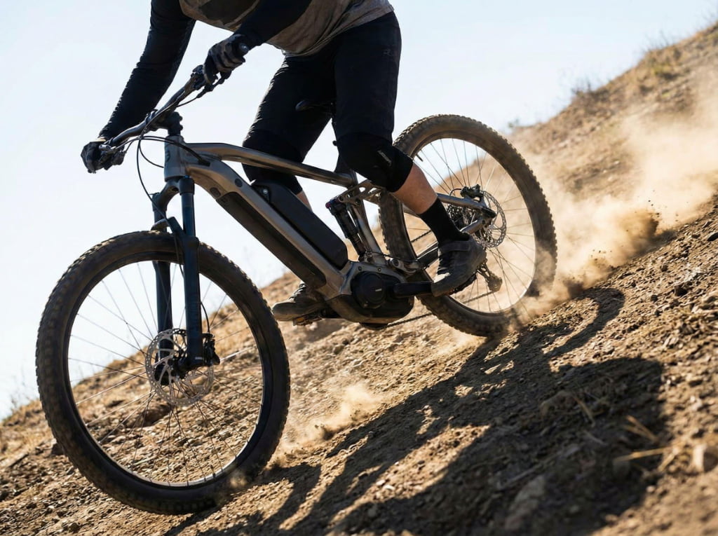 Electric mountain bike riding off-road