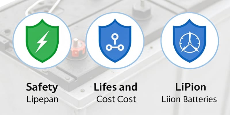 An infographic comparing icons for safety, lifespan, cost, and temperature for LiFePO4 and Li-ion