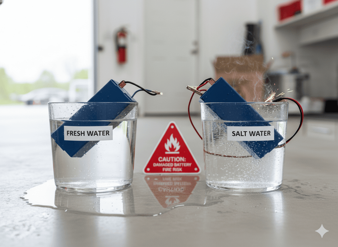 A battery half-submerged with one side labeled 'Fresh Water' and the other 'Salt Water'