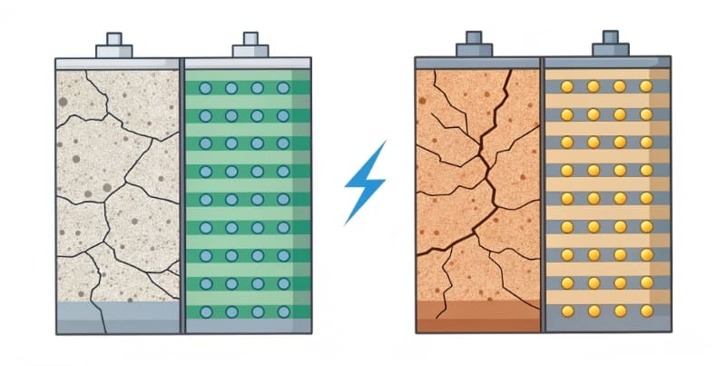 A comparison of a healthy battery anode versus one with lithium plating from fast charging