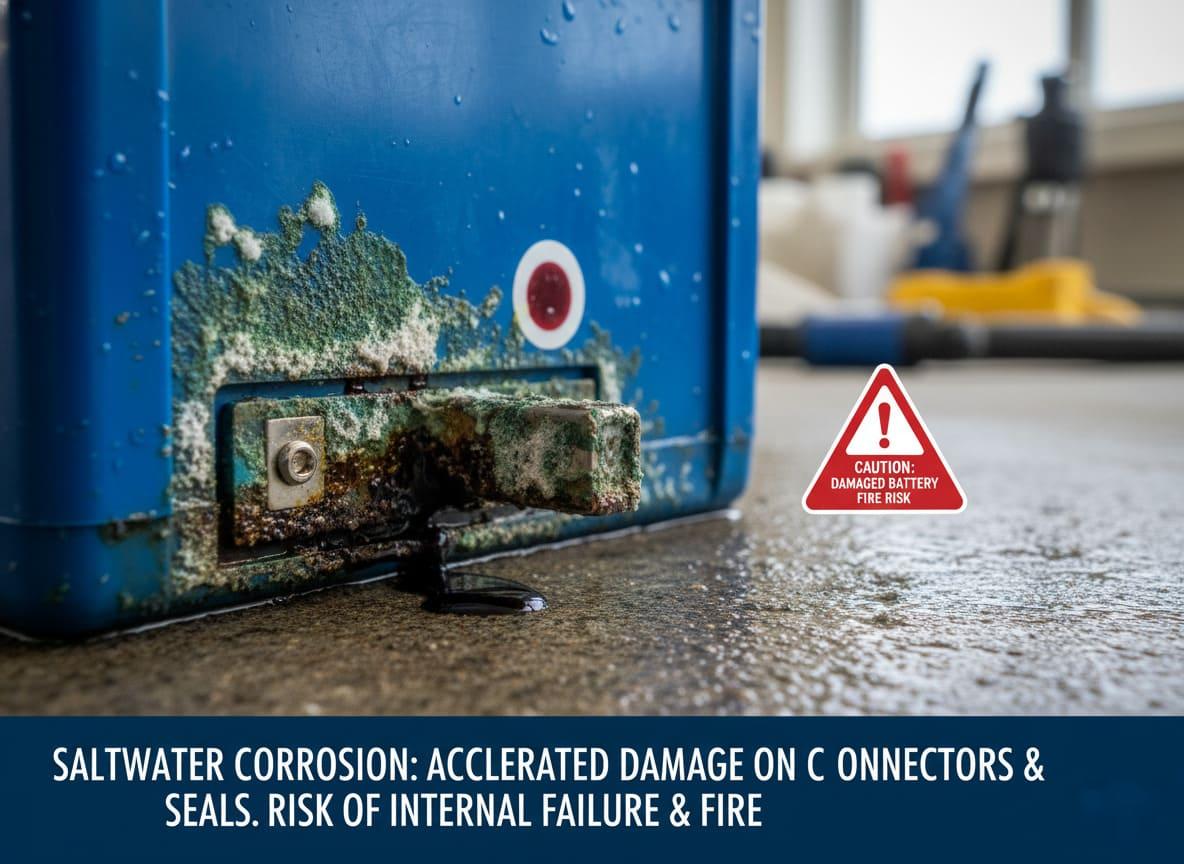 An IP65 battery installed inside a secondary sealed dry box on a boat