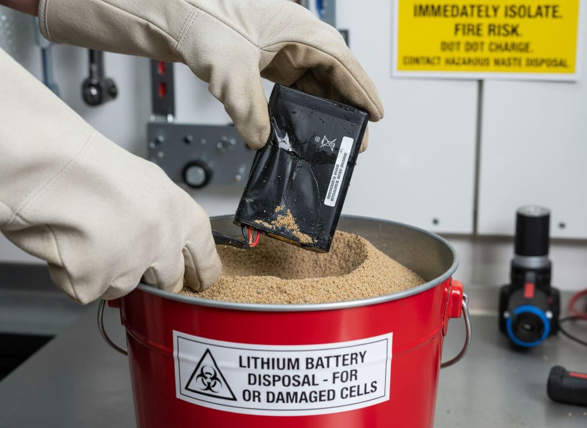 A person wearing gloves placing a swollen battery into a bucket of sand
