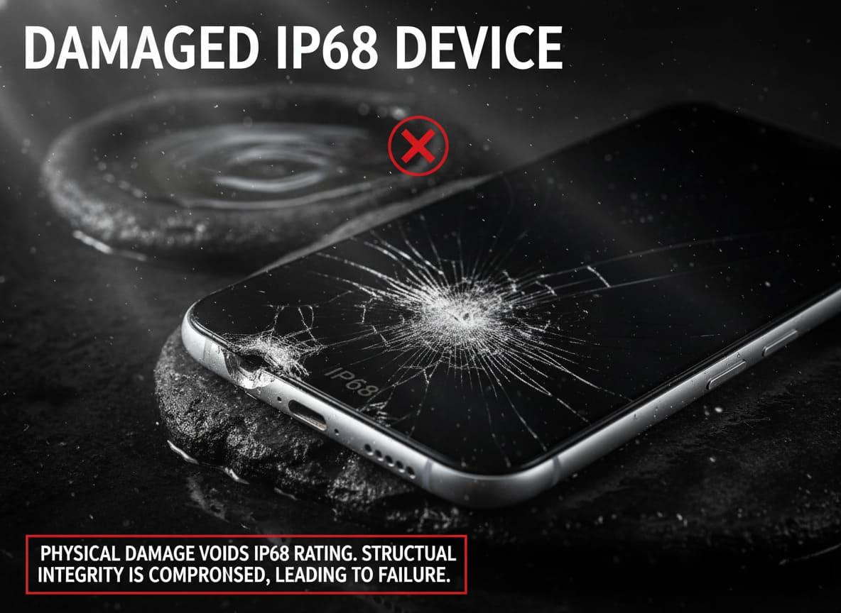 A smartphone with a cracked screen and casing