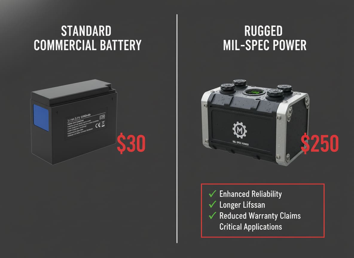 A split image showing a standard battery on one side and a rugged, sealed battery on the other, with price tags