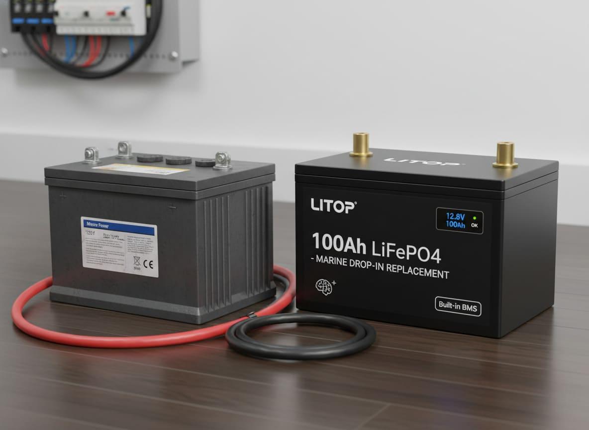 A side-by-side view of a lead-acid battery and a drop-in lithium replacement