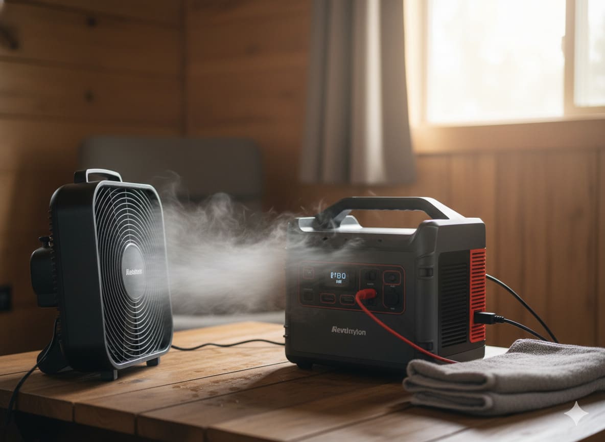 A power station sitting on a table indoors with a fan blowing on it to help it dry