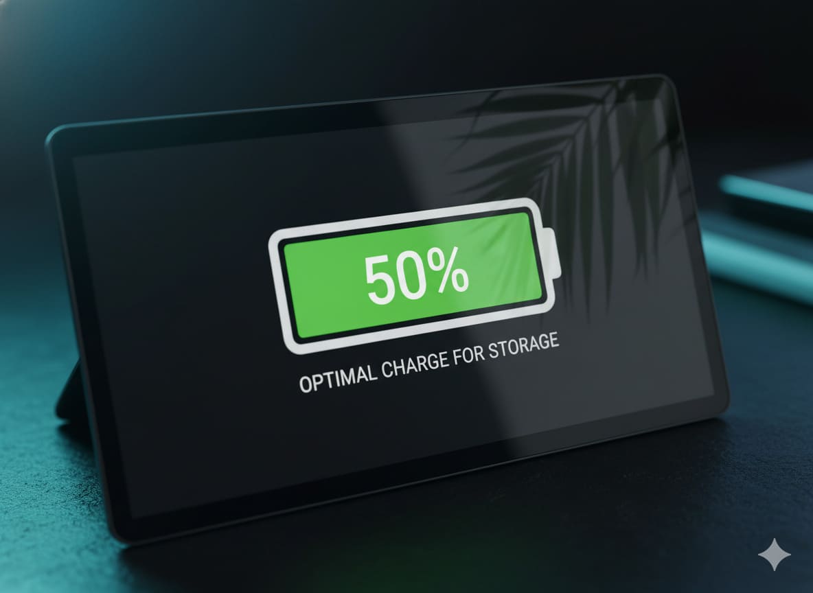 alt: A battery icon on a screen showing a 50% charge level, indicating optimal storage.